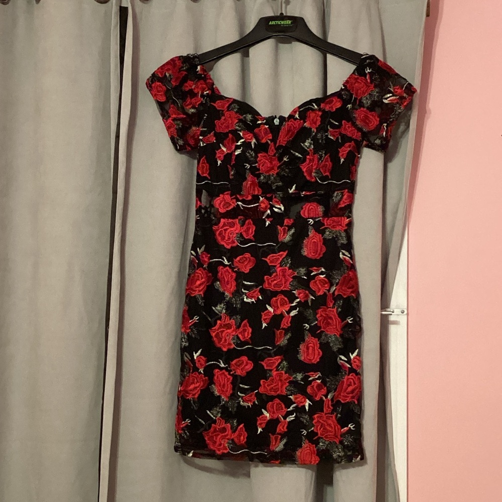 PromGirl Black and Red Floral Mini Dress